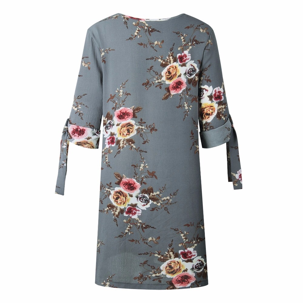 Boho Grayish Blue Floral Chiffon Sheath Dress - Picture 4 of 8